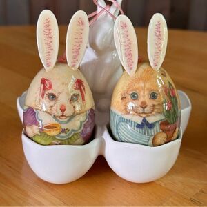 4 Vintage Paper Mâché Decoupage Bunny Ornaments and box